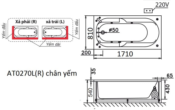 Bồn tắm nằm Caesar AT0270L(R) có chân có yếm