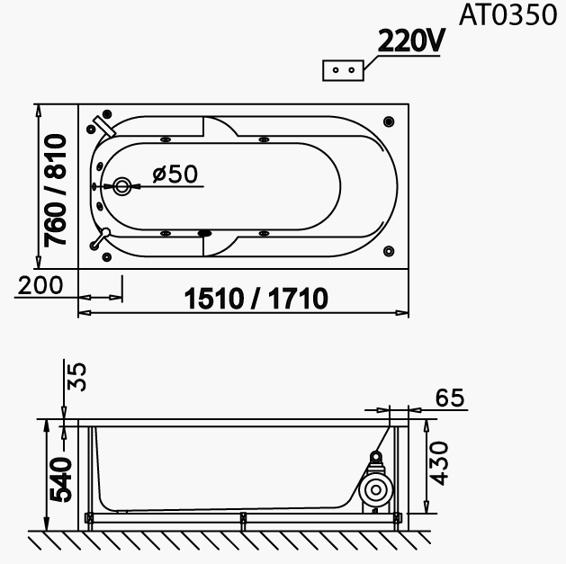 Bồn tắm xây Caesar AT0350 không chân yếm