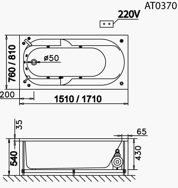 Bồn tắm xây Caesar AT0370 không chân yếm