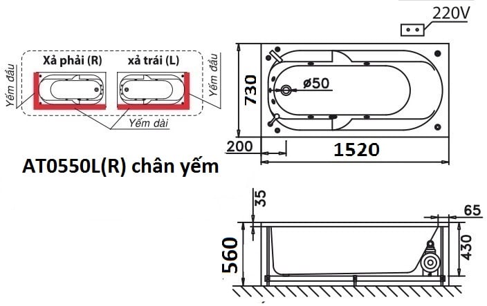 Bồn tắm nằm Caesar AT0550L(R) có chân yếm