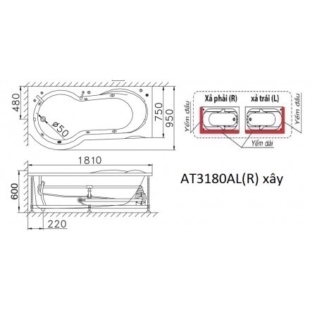Bồn tắm xây 1m8 Caesar AT3180L(R)A