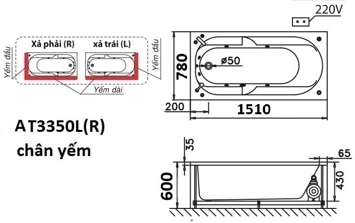 Bồn tắm nằm Caesar AT3350L(R) có chân yếm