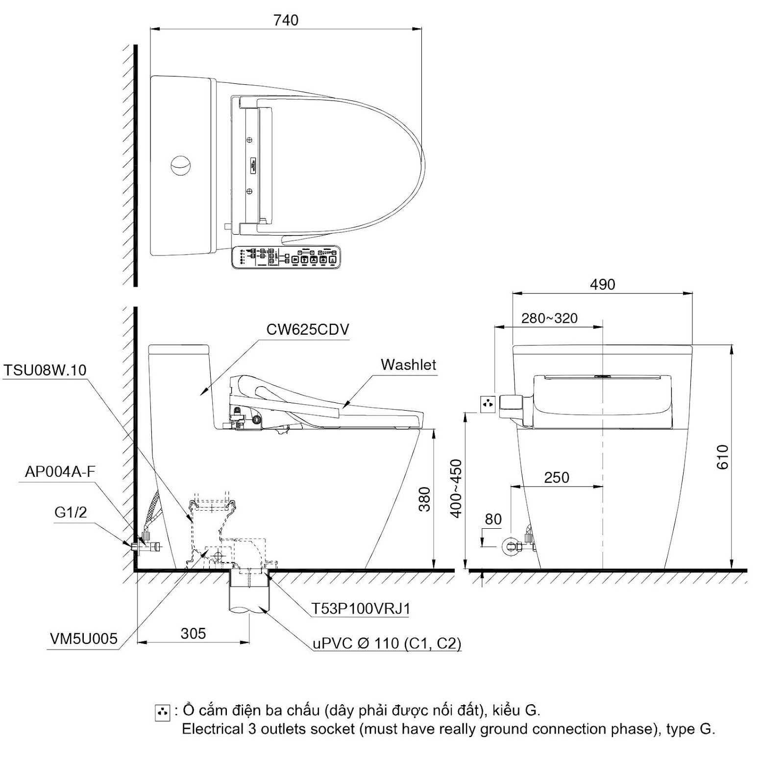 Bồn Cầu Một Khối TOTO MS625CDW15 Kèm Nắp Rửa Điện Tử WASHLET Dòng C5