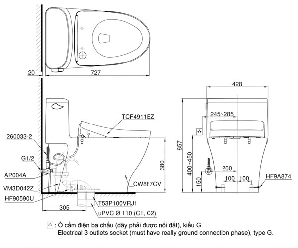 Bồn Cầu Một Khối MS887CRW12 Kèm Nắp Rửa Điện Tử WASHLET Dòng S7