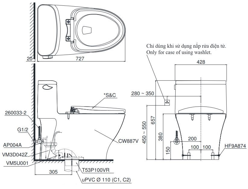 Bồn cầu hai khối TOTO MS887RE2 kèm nắp rửa cơ ECOWASHER TCW07S