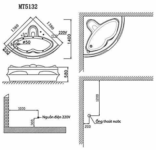 Bồn tắm góc massage Caesar MT5132