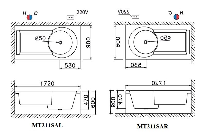 Bồn tắm xây 1m7 massage hơi Caesar MT211L(R)AS
