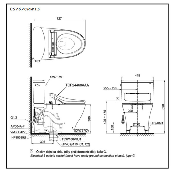 Bồn Cầu Hai Khối TOTO CS767CRW15 Kèm Nắp Rửa Điện Tử WASHLET Dòng C5