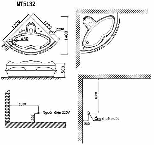 Bồn tắm góc xây Massage CAESAR MT5132A