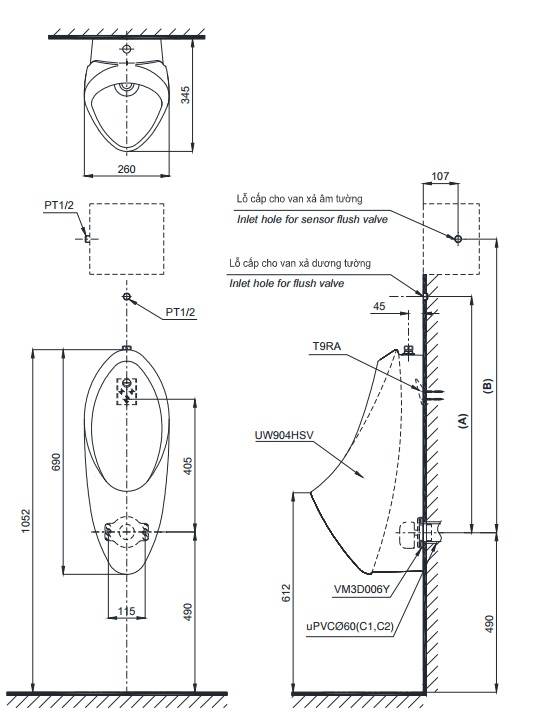 Tiểu nam treo tường TOTO UT904N (Đường cấp nước phía trên)