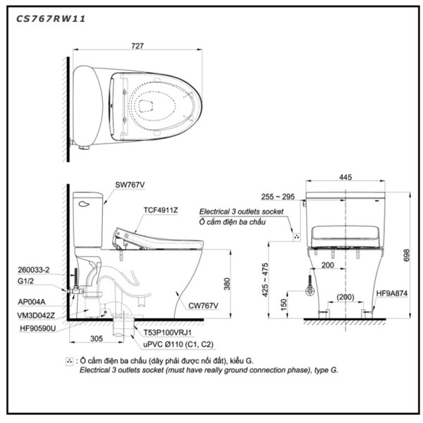 Bồn Cầu Hai Khối TOTO CS767RW11 Kèm Nắp Rửa Điện Tử WASHLET Dòng S7