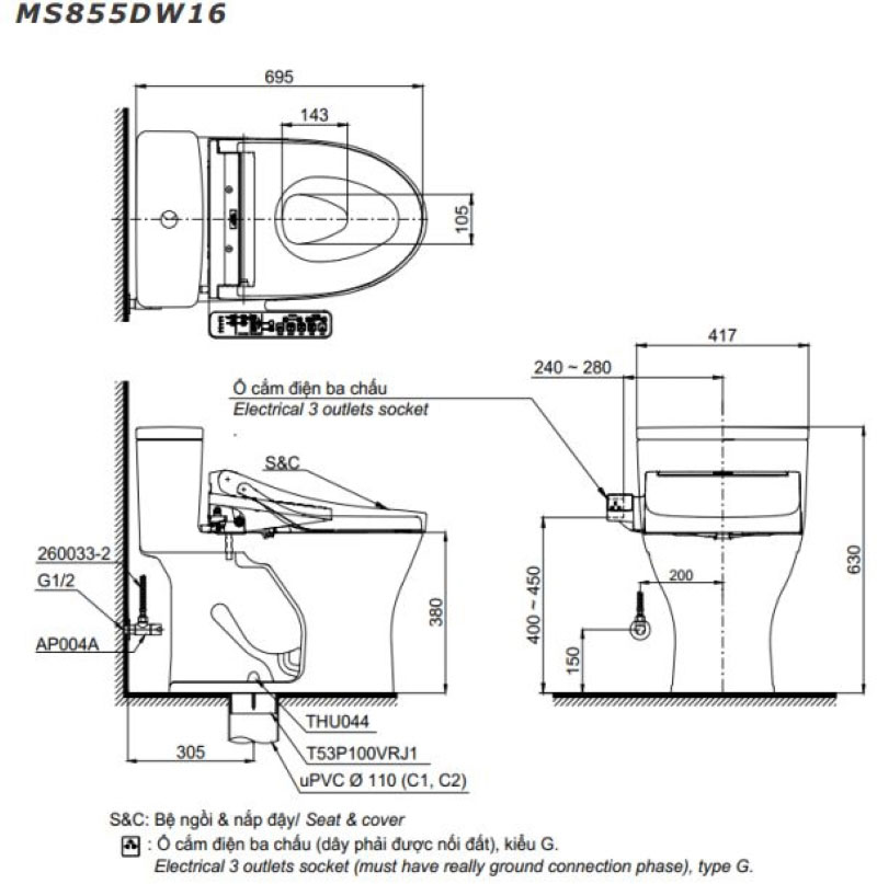 Bàn Cầu Một Khối TOTO MS855DW16 Kèm Nắp Điện Tử WASHLET Dòng C2