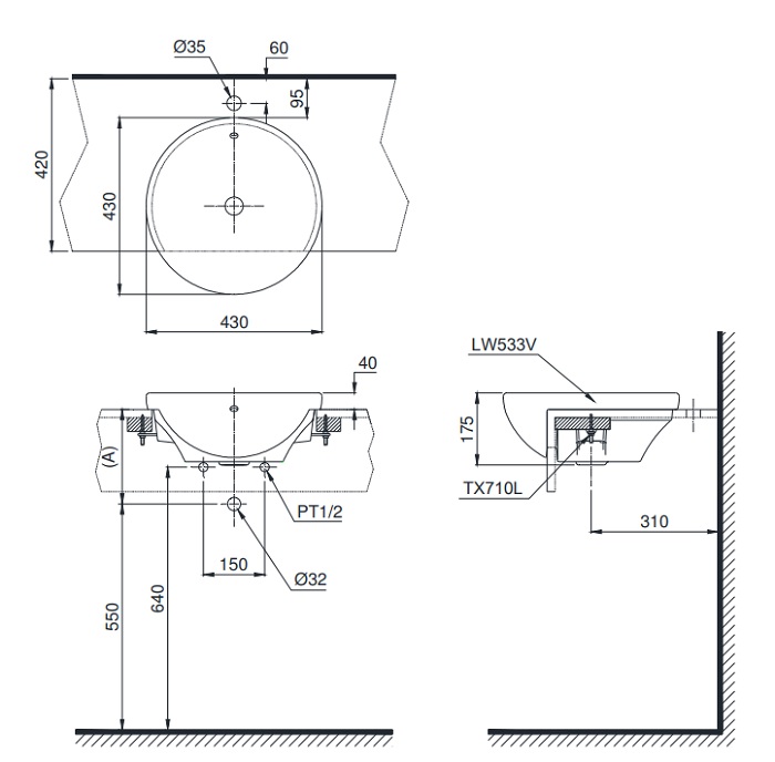 Chậu Lavabo Bán Âm Bàn TOTO LT533R
