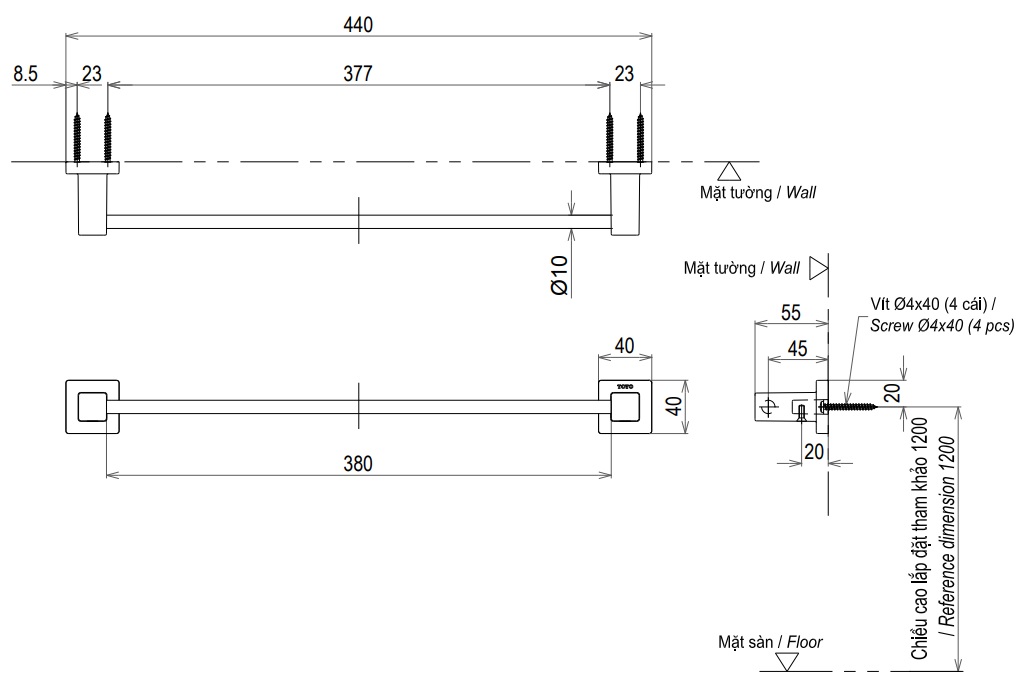 Thanh vắt khăn đơn TOTO YT408S4RV