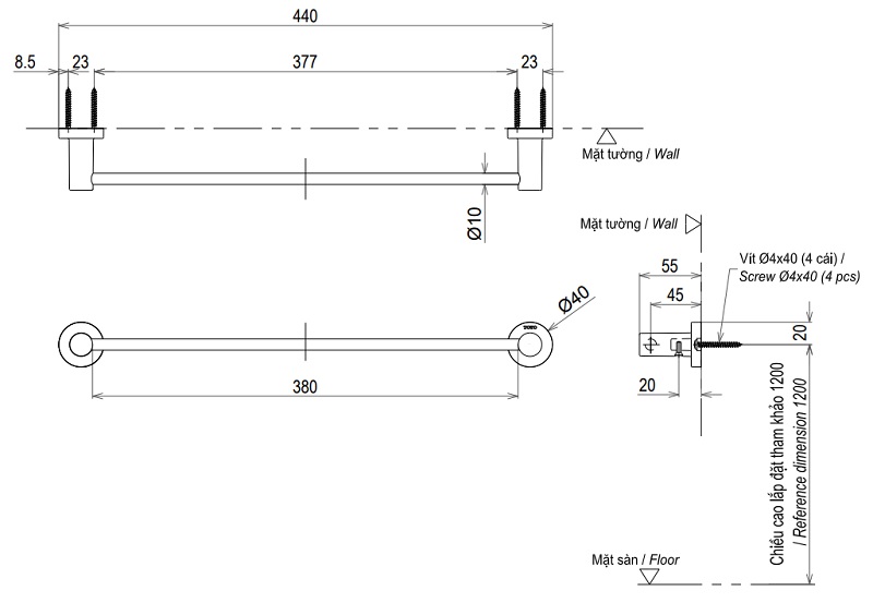 Thanh vắt khăn đơn TOTO YT406S4RV