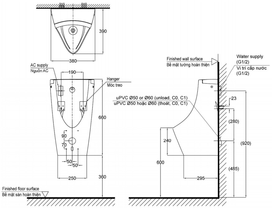 Bồn tiểu nam TOTO USWN902ASV (van cảm ứng tự động)