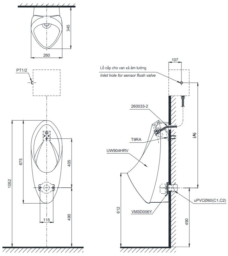 Bệ tiểu nam treo tường TOTO UT904HR (Đường cấp nước phía sau)