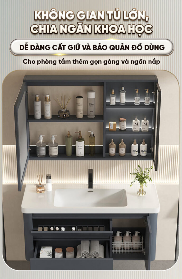 Bộ tủ gương lavabo phòng tắm cao cấp Enic BT11 – Mẫu Xám 80cm – 100cm