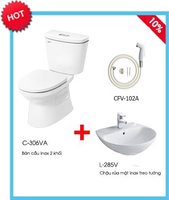 Combo Bồn cầu Inax C – 306VA + Chậu rửa Inax L – 285V + Vòi xịt CFV – 102A