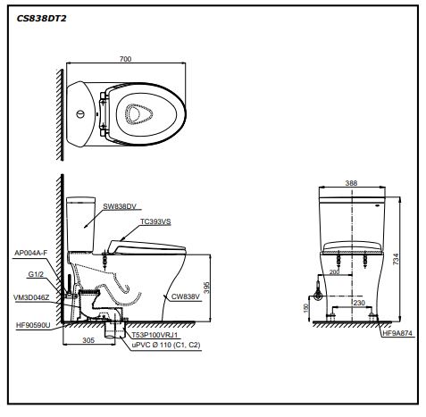 Bàn cầu hai khối, nắp đóng êm ToTo CS838DT2