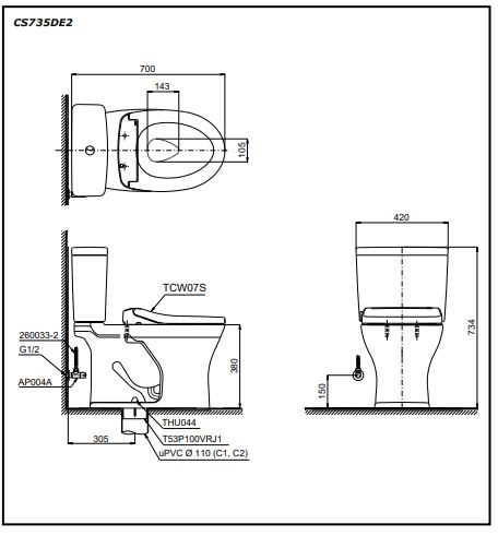 Bồn cầu hai khối TOTO CS735DE2 kèm nắp rửa cơ TCW07S