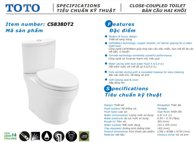 Bàn cầu hai khối, nắp đóng êm ToTo CS838DT2