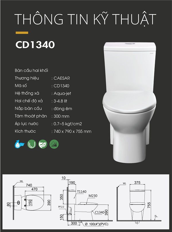 Bàn Cầu Hai Khối Nắp Êm - CD1340