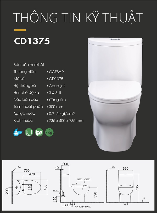 Bàn Cầu Một Khối Nắp Êm - CD1375