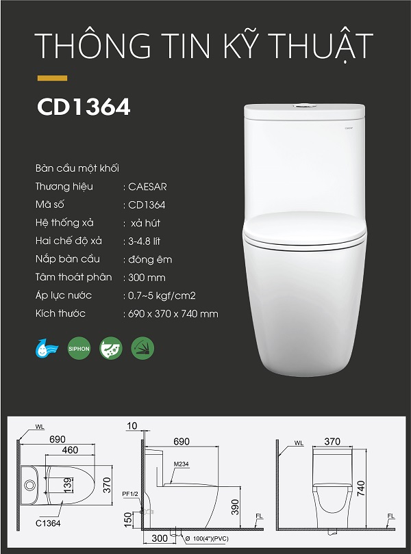 Bàn Cầu Một Khối - CD1364