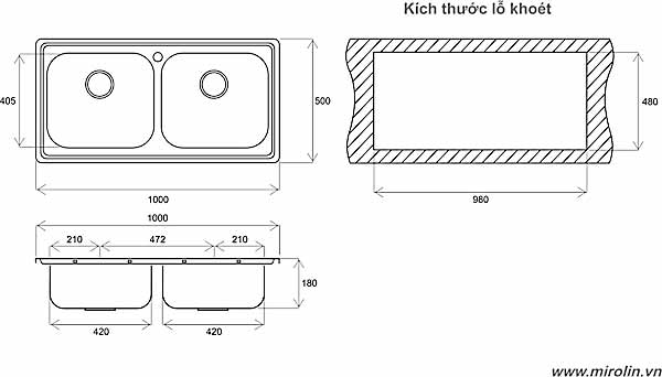 Chậu rửa bát inox 304 Mirolin MT1000-2B