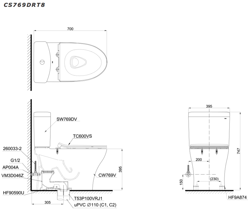 Bồn cầu hai khối TOTO CS769DRT8