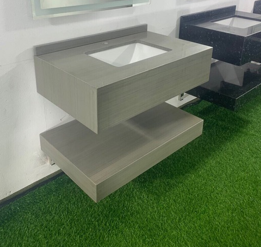 (Nhận KT theo yêu cầu) Bộ bàn đá 2 tầng chậu rửa lavabo đá tự nhiên màu xám TMG-009