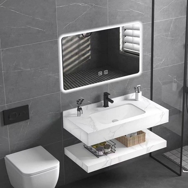 (Nhận KT theo yêu cầu) Bộ bàn đá 2 tầng chậu rửa lavabo đá nhân tạo màu vân mây trắng TMG-005