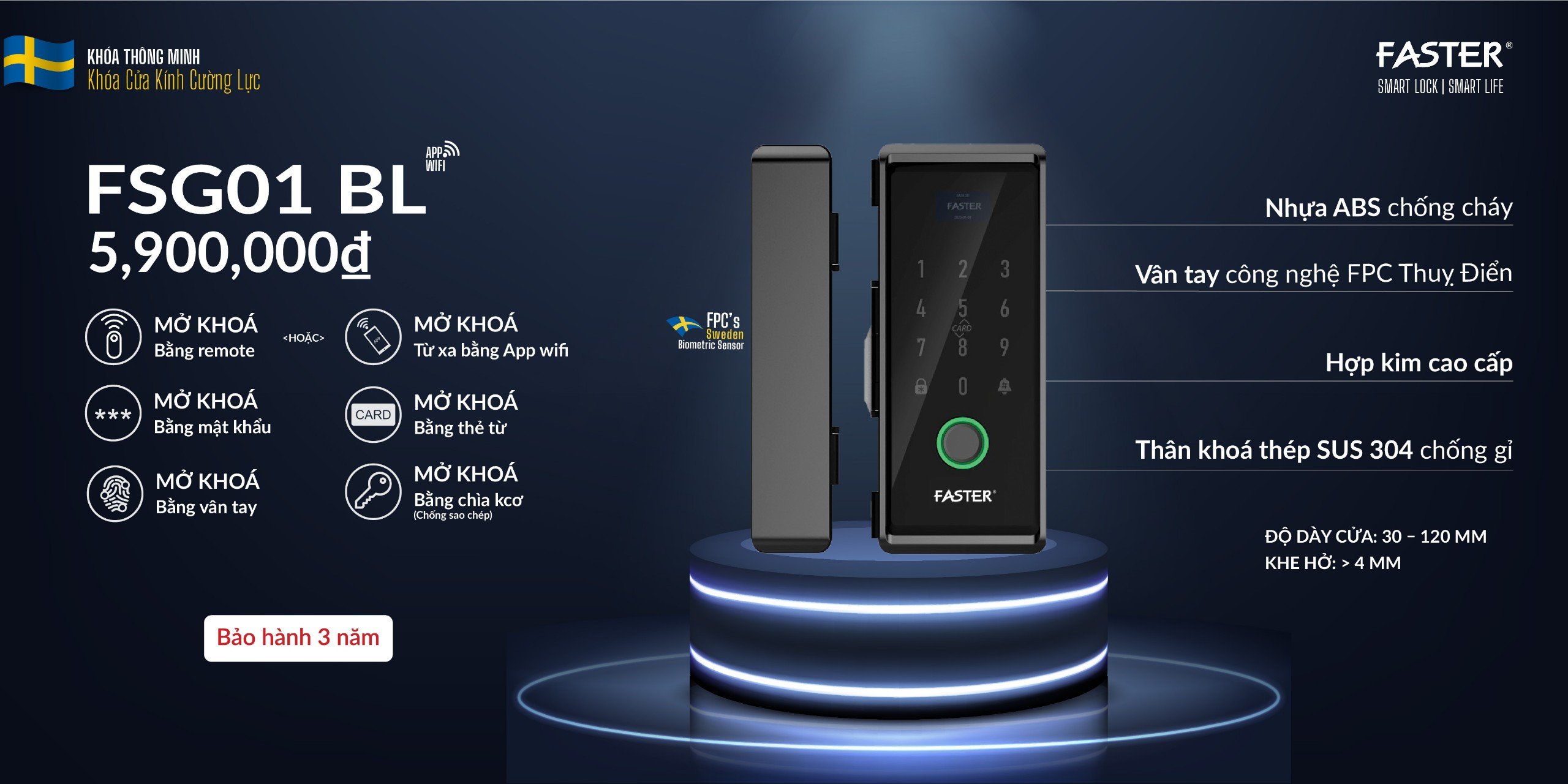 Khoá vân tay cửa kính FSG01 BL