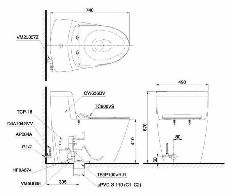 Bồn Cầu Một Khối TOTO MS636DT8