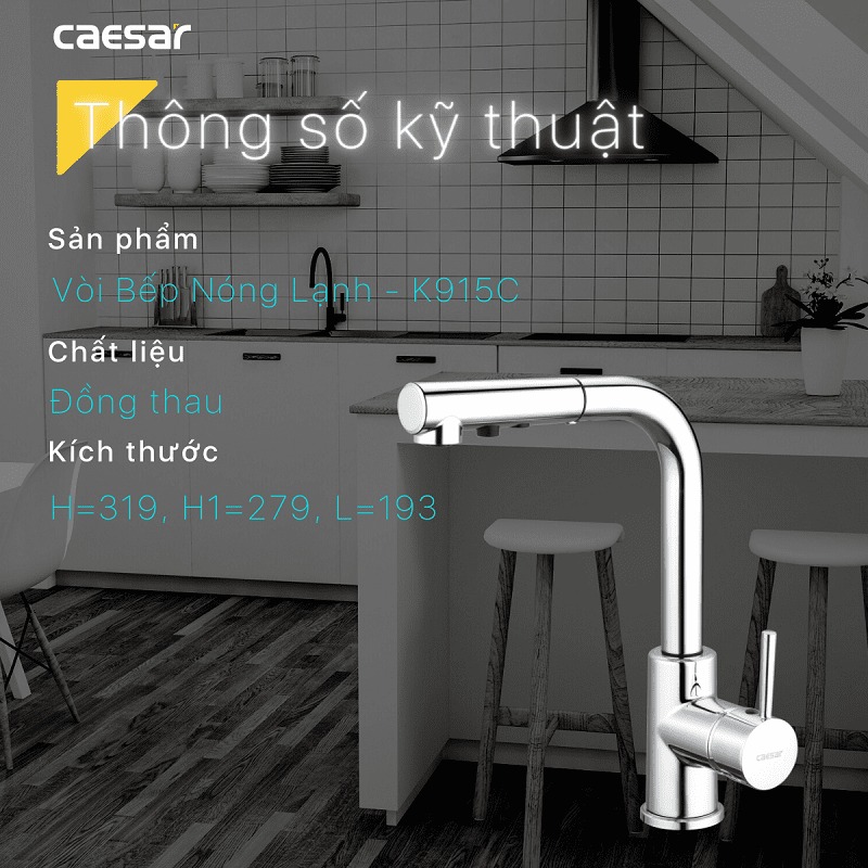 Vòi Rửa Chén Caesar K915C Rút Dây Nóng Lạnh
