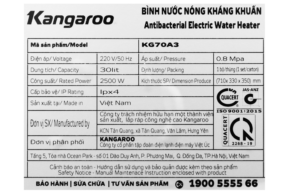 Bình nước nóng Kangaroo KG70A3