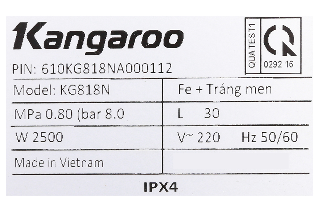 Bình nước nóng công nghệ kháng khuẩn Kangaroo KG818N