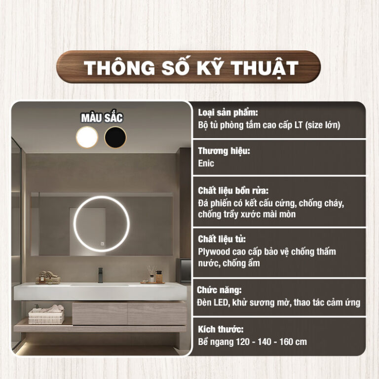Bộ tủ gương lavabo phòng tắm size lớn cao cấp Enic LT 1m2 – 1m6