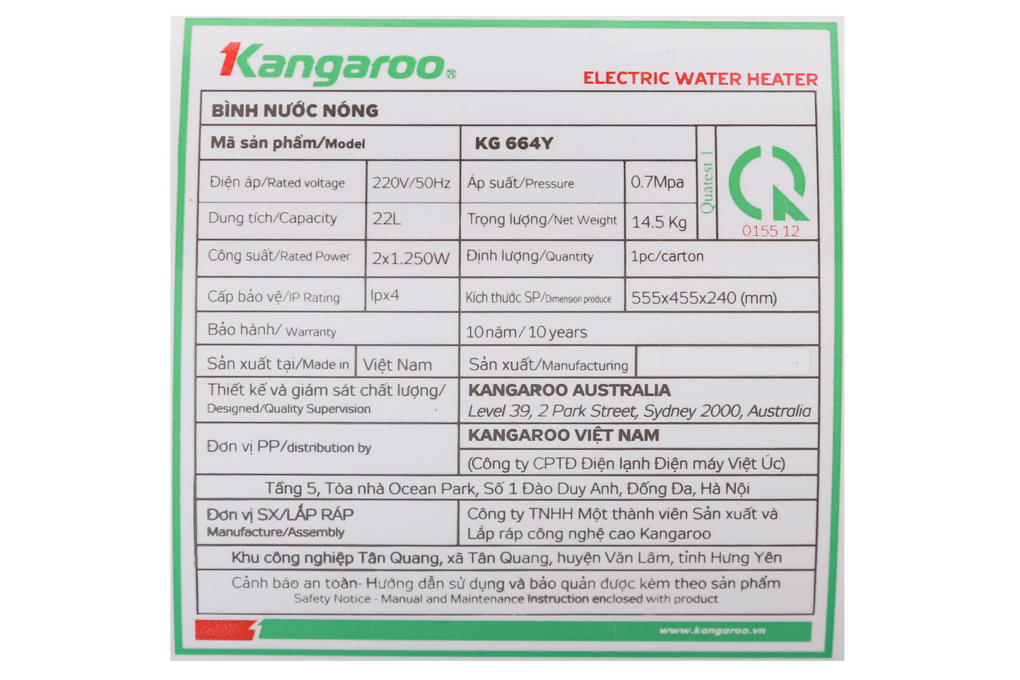 Bình nước nóng dung tích 22L Kangaroo KG664Y