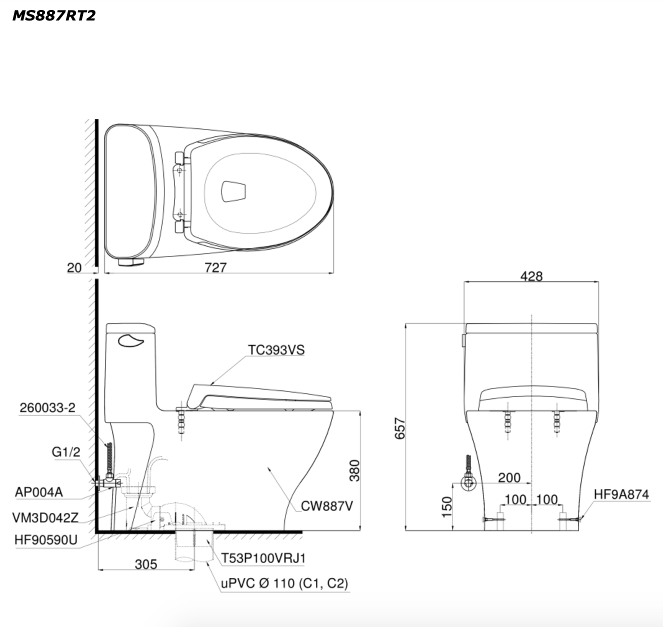 Bồn Cầu Một Khối TOTO MS887RT2
