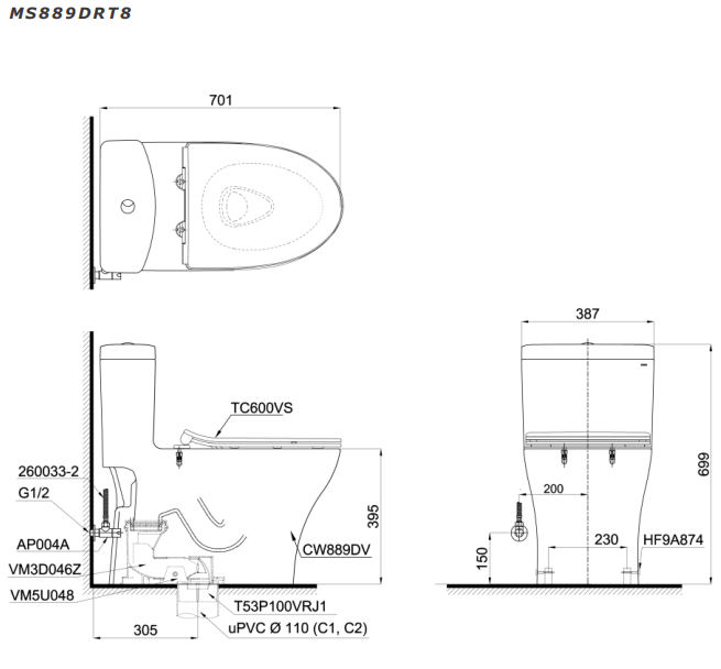 Bồn Cầu Một Khối TOTO MS889DRT8