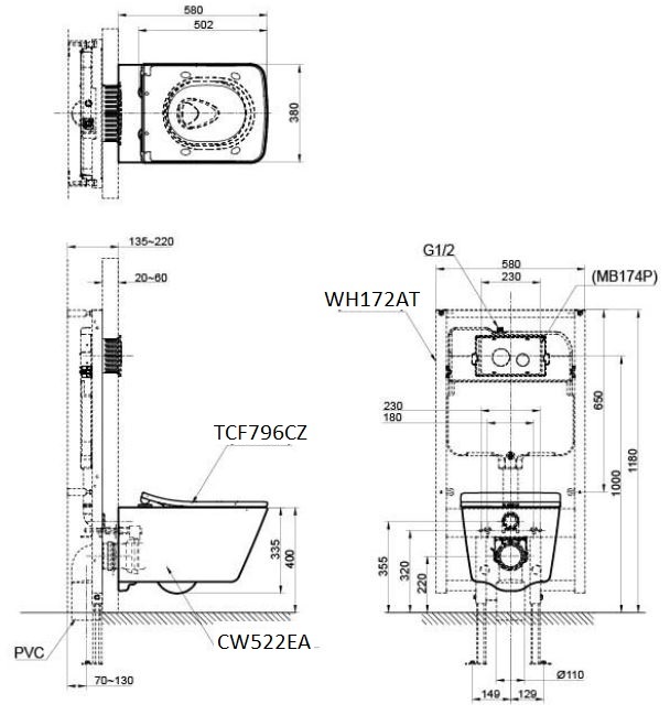 Bồn Cầu Treo Tường TOTO CW522EA/TCF796CZ/WH172AT/MB171M Nắp Điện Tử