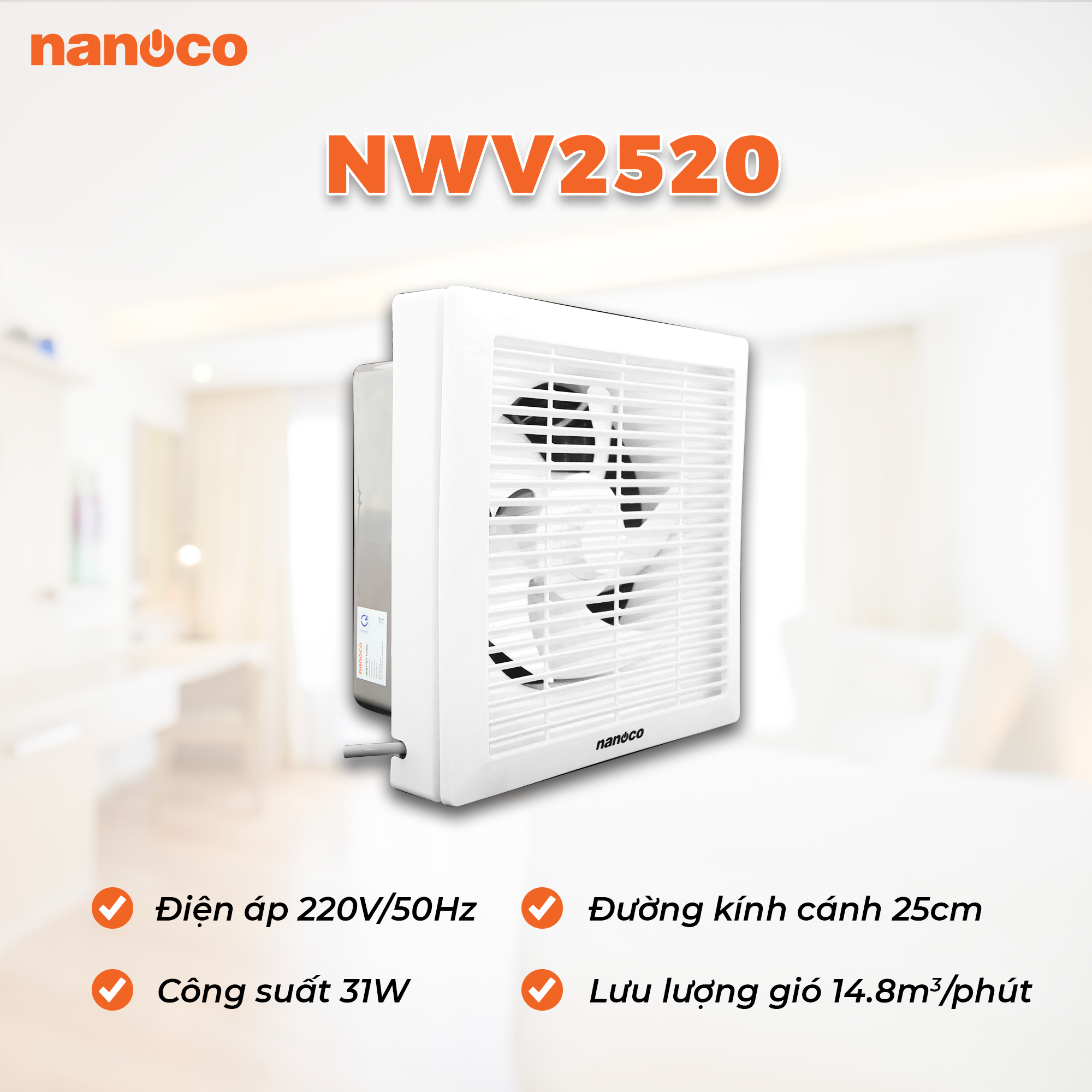 Quạt hút thông gió gắn tường 1 chiều Nanoco NWV2520