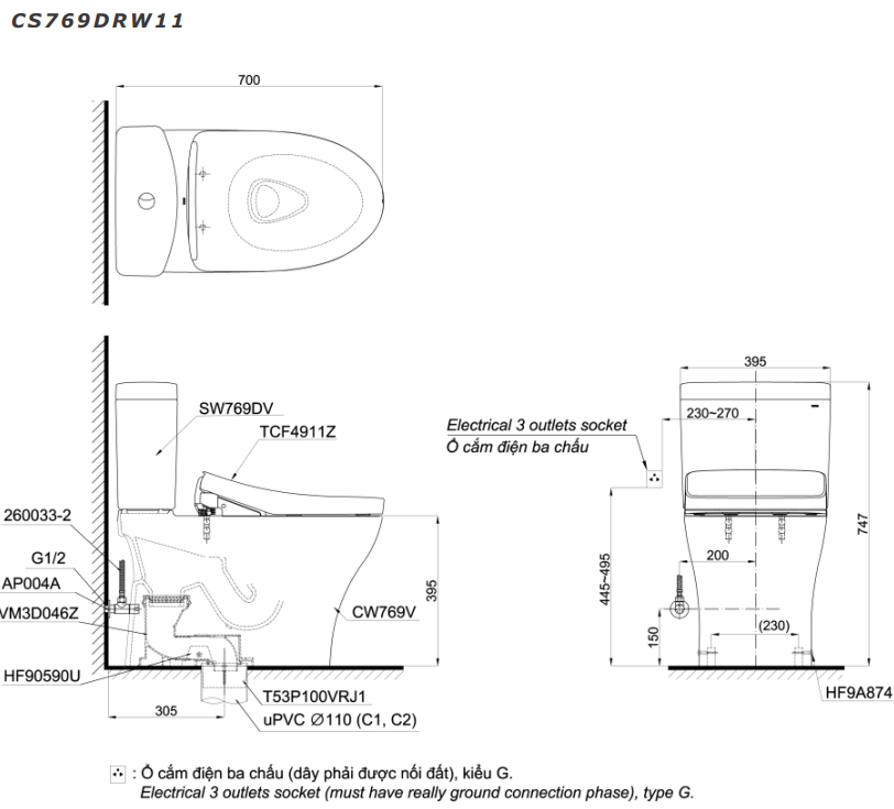 Bồn Cầu Hai Khối TOTO CS769DRW11 Kèm Nắp Rửa Điện Tử WASHLET Dòng S7
