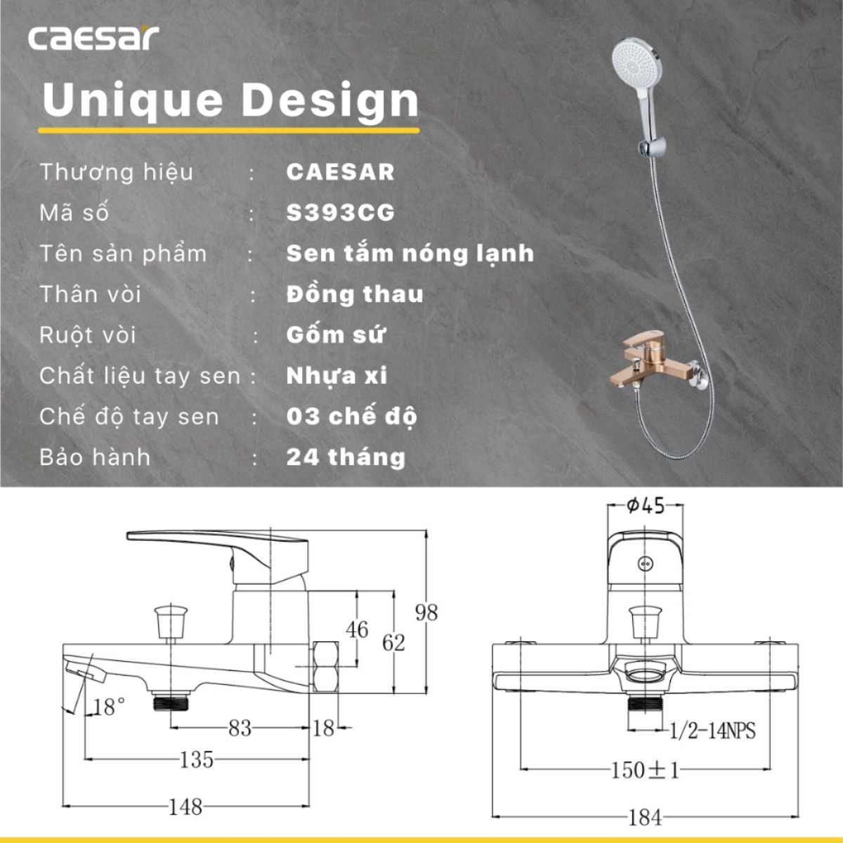 Vòi Sen Nóng Lạnh CAESAR S393CG Màu Vàng Tay Sen Massage