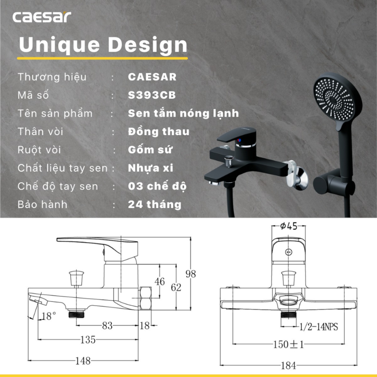 Sen Nóng Lạnh CAESAR S393CB Màu Đen Tay Sen Massage