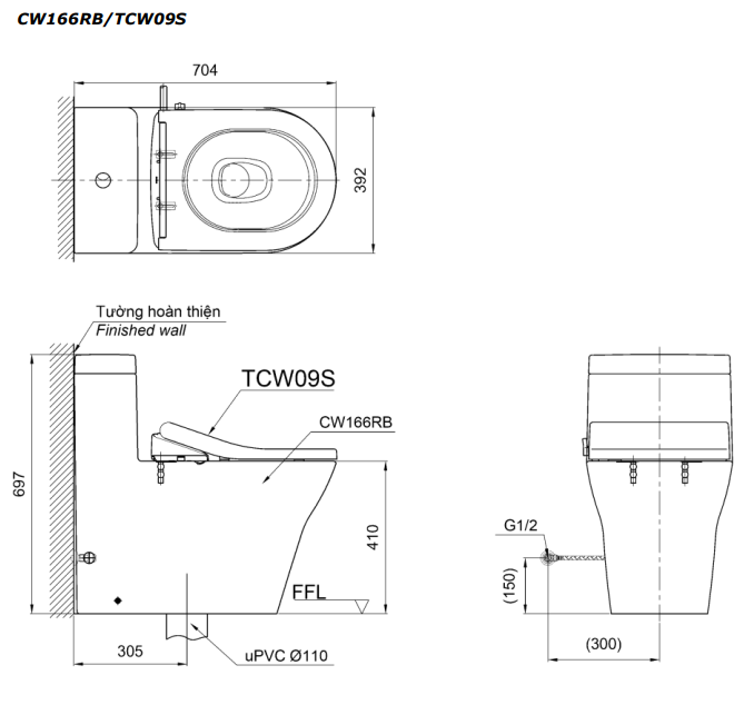 Bàn Cầu TOTO CW166RB/TCW09S Nắp Rửa Cơ Chữ D