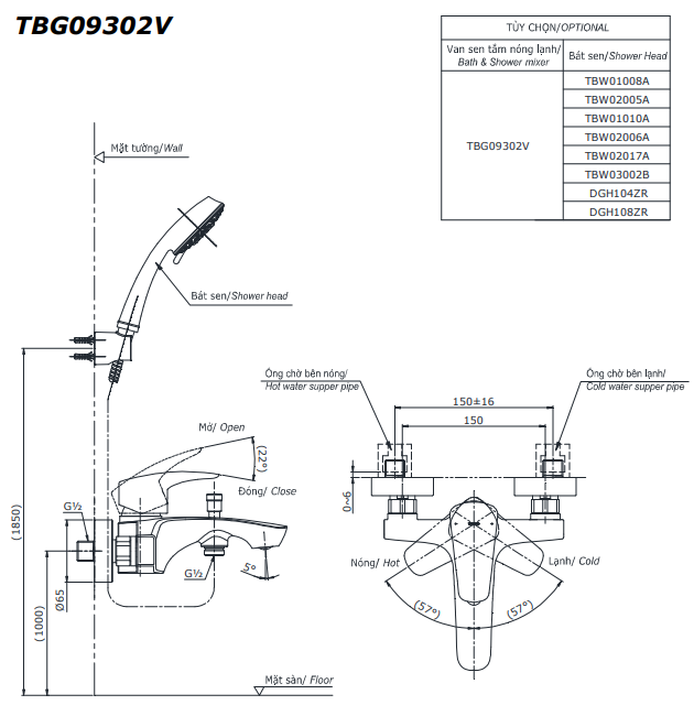 Vòi Sen Tắm TOTO TBG09302VA/TBW02017A Nóng Lạnh