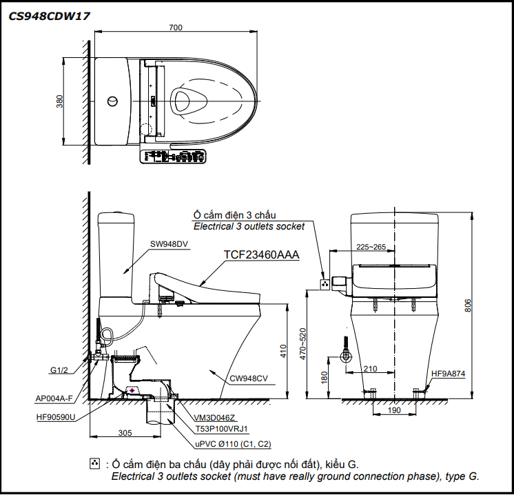 Bồn Cầu Hai Khối TOTO CS948CDW17 Kèm Nắp Rửa Điện Tử WASHLET Dòng C2